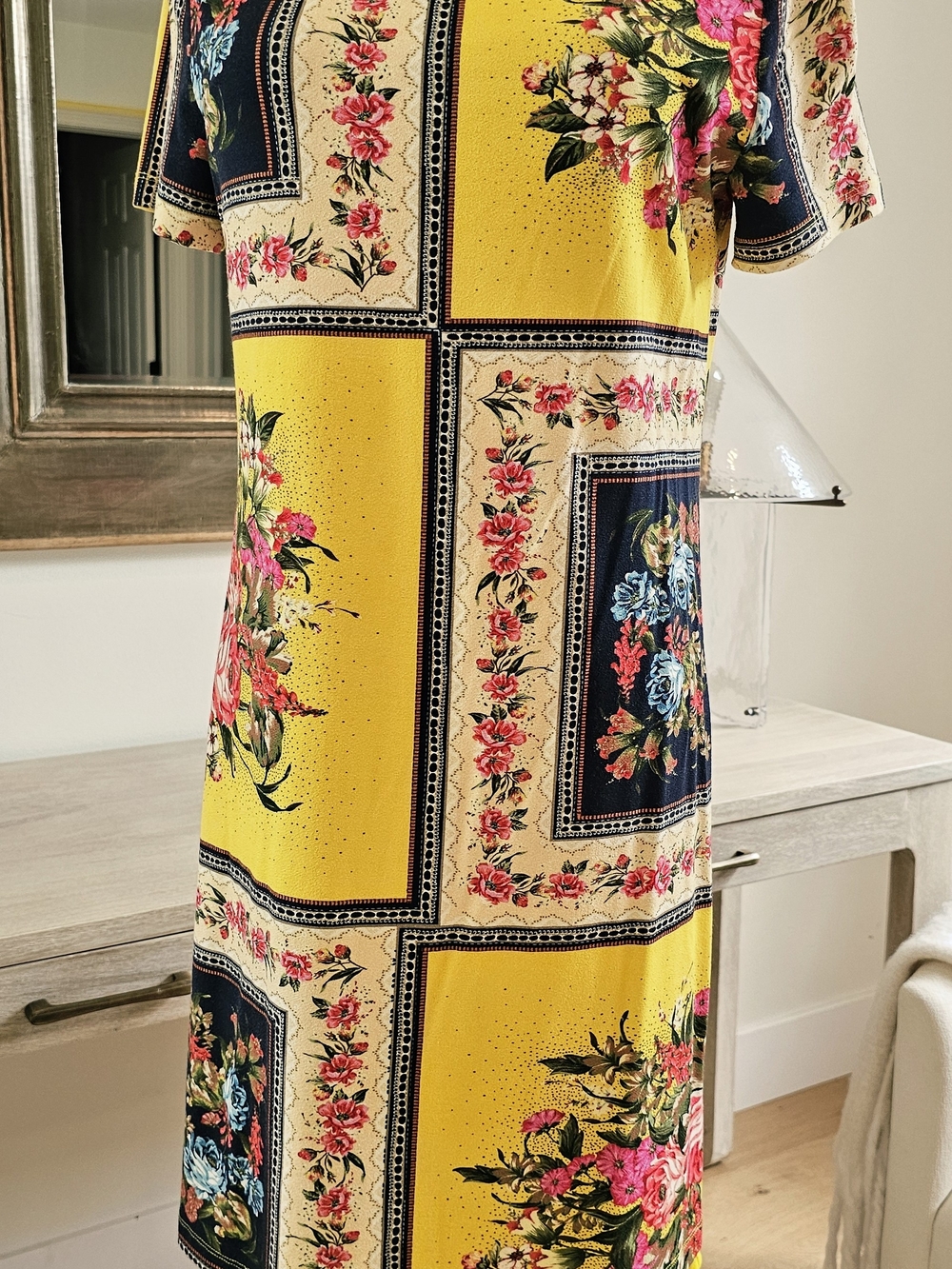 Farm RIO  Yellow Floral Patchwork Midi Dress with Navy Panels XS/P